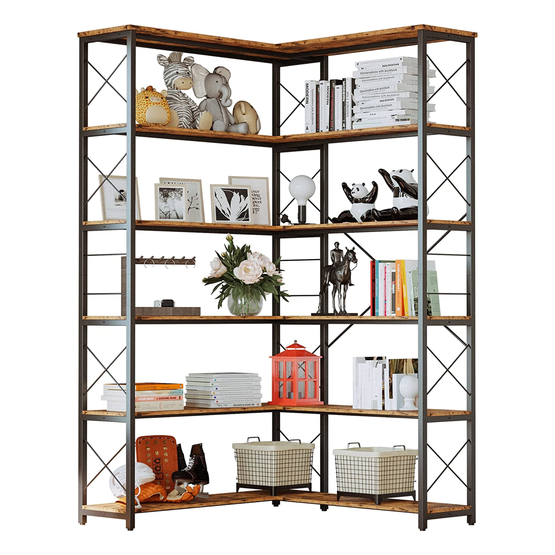 Corner Bookshelf 5 Tiers/6 Tiers Industrial Bookcases Shelf Storage Rack with Metal Frame