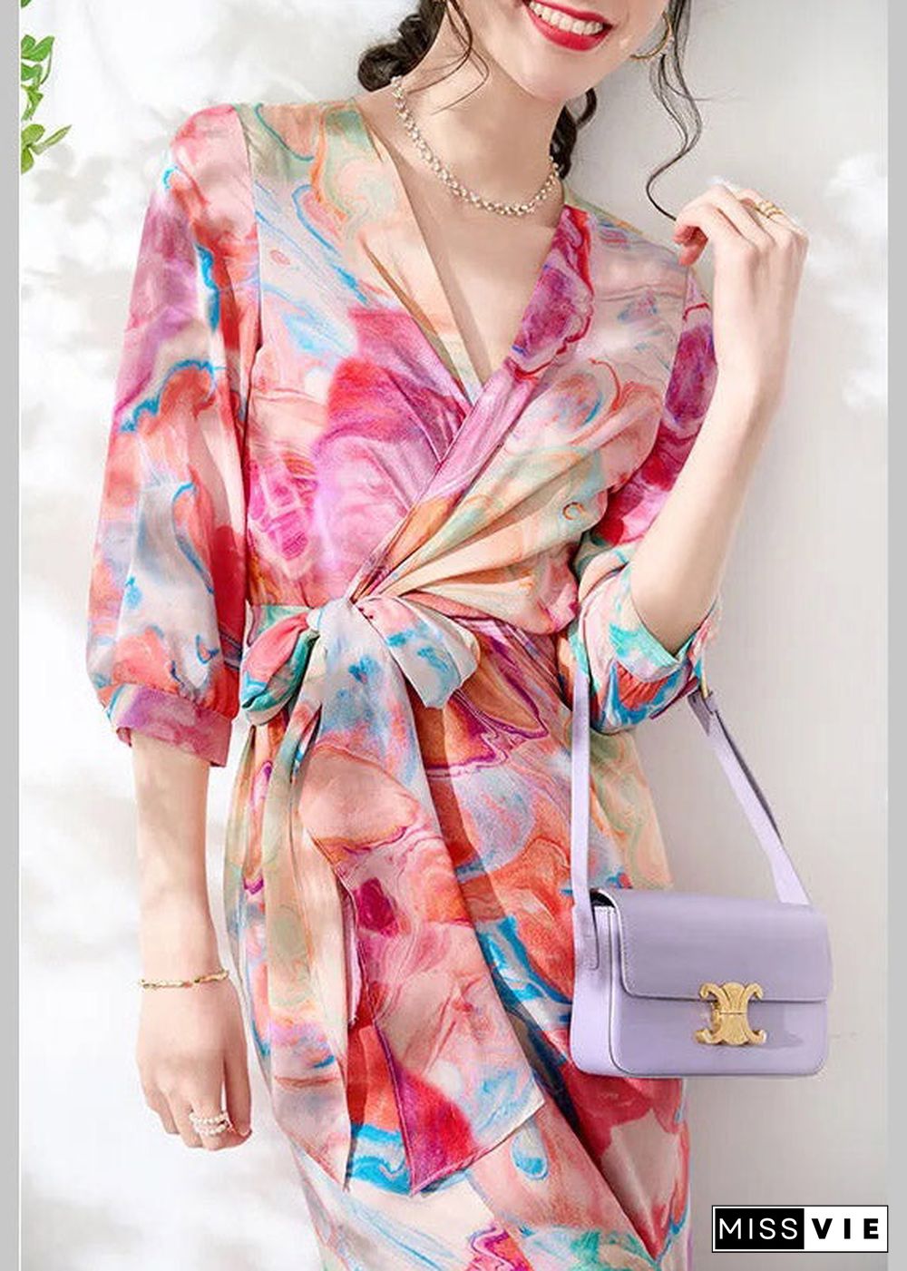 Slim Fit V Neck Print Tie Waist Silk Maxi Dresses Long Sleeve