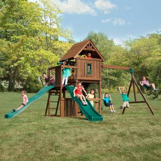 Swing-N-Slide Playsets Monteagle Complete Wooden Outdoor Playset with 2 Slides Rock Wall Swings and Backyard Swing Set Accessories WS 8344