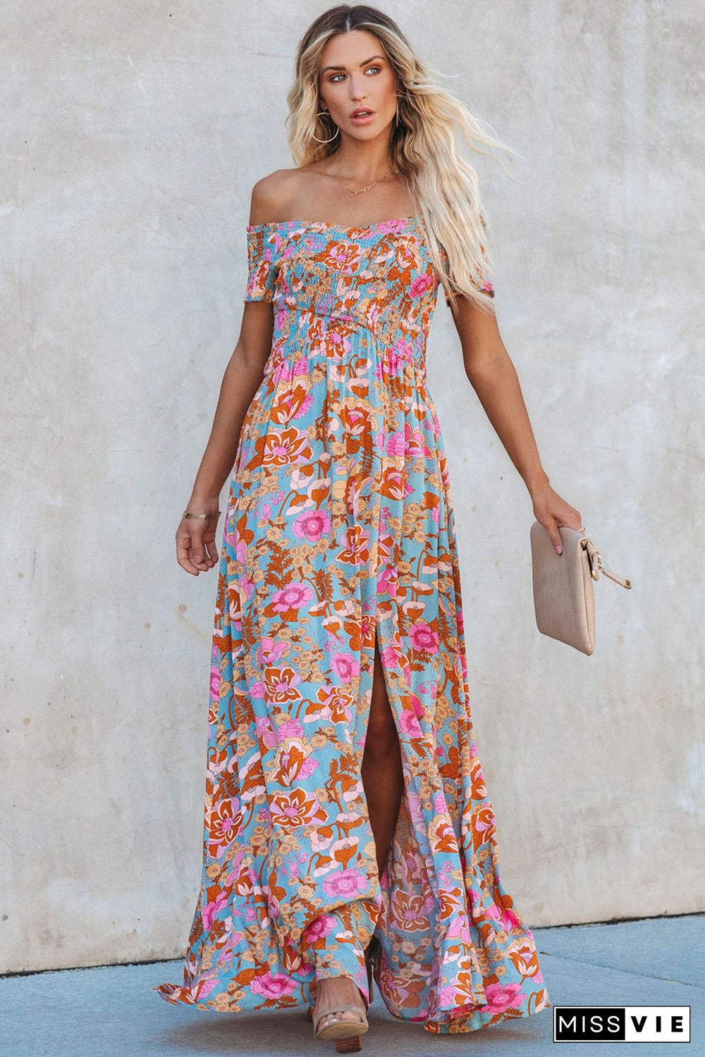 Sky Blue Floral Print Shirred Side Slit Off Shoulder Maxi Dress