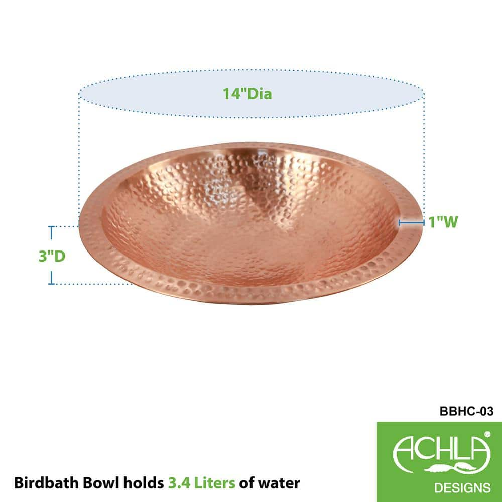 ACHLA DESIGNS 14 in. W Round Satin Hammered Solid Copper Birdbath Bowl with Rim， Garden Accent， Outdoor Accessory BBHC-03