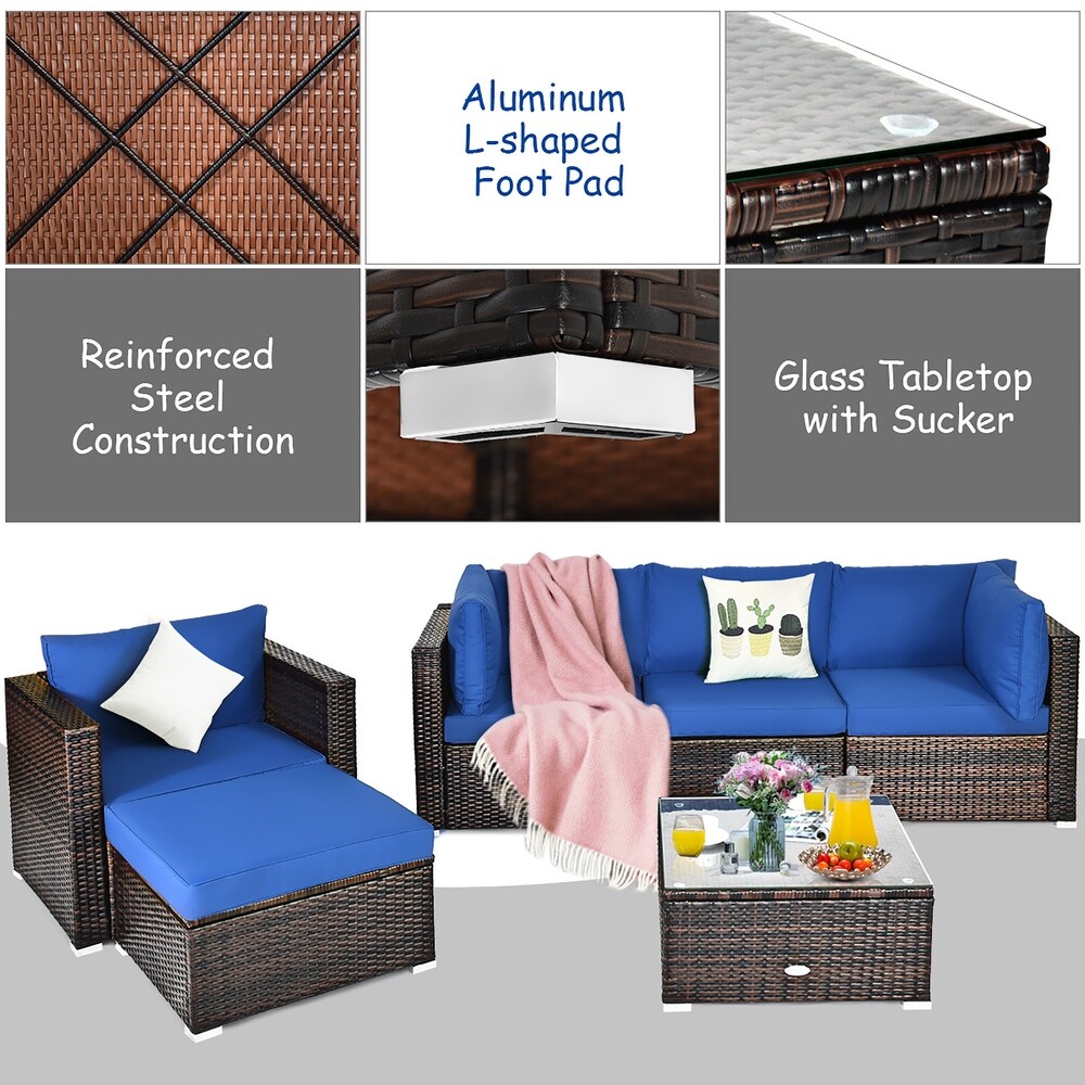 Costway 6PCS Patio Rattan Furniture Set Sofa Coffee Table Ottoman Navy   See Description