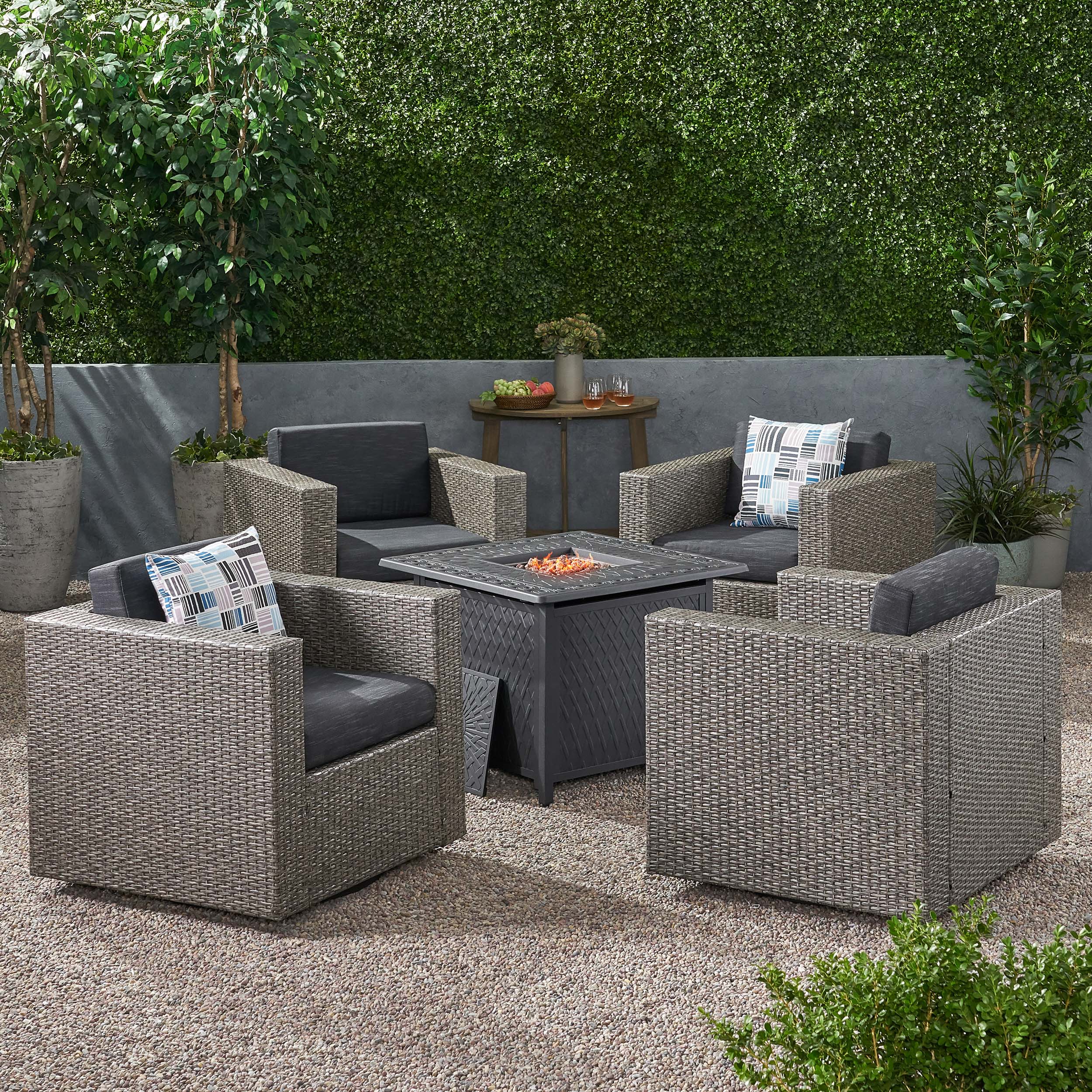 Calella Outdoor 4 Seater Wicker Swivel Chair and Fire Pit Set