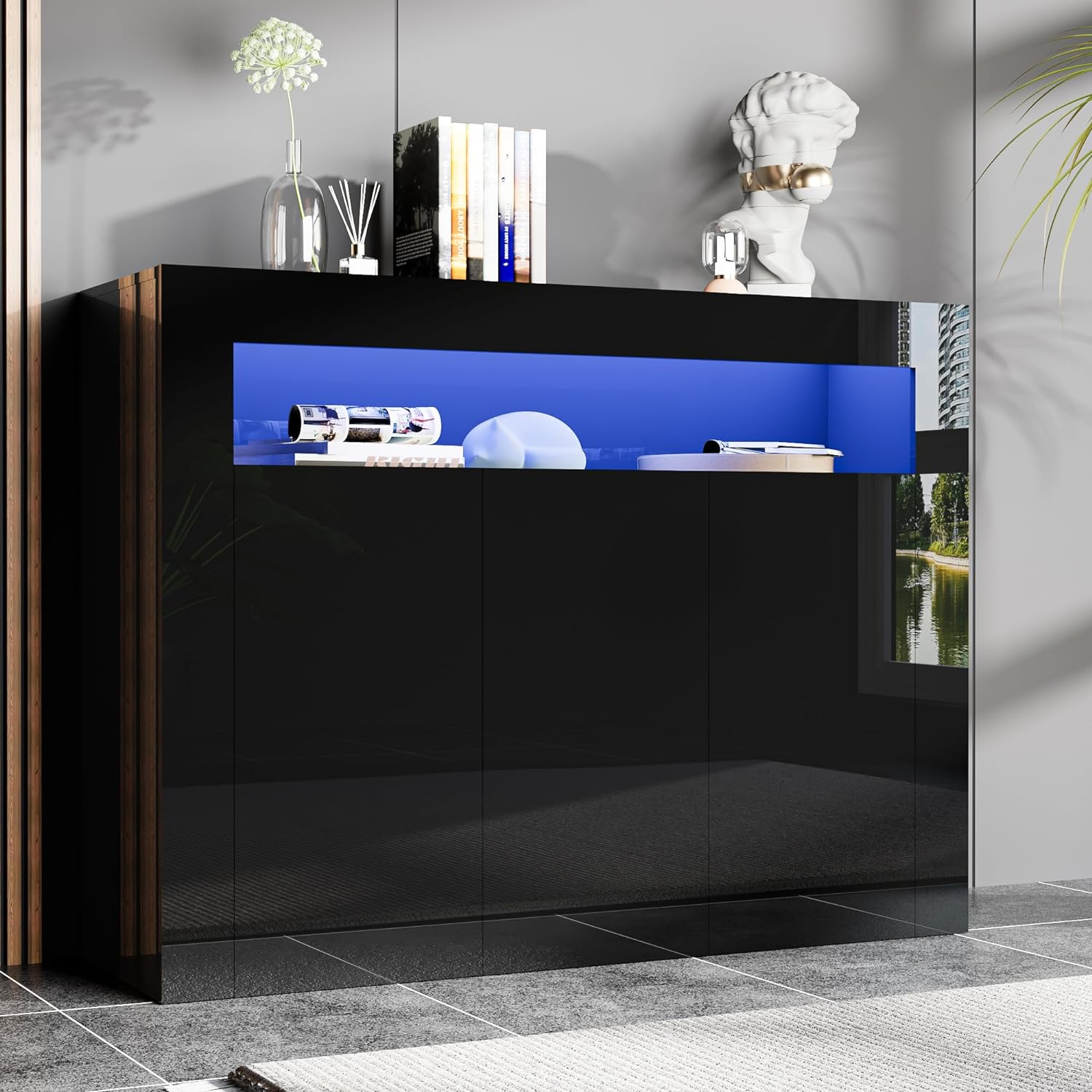 High Glossy Buffet Cabinet Sideboard Storage Cabinet Bar Cabinet with LED Lights Adjustable Shelf and 3 Doors