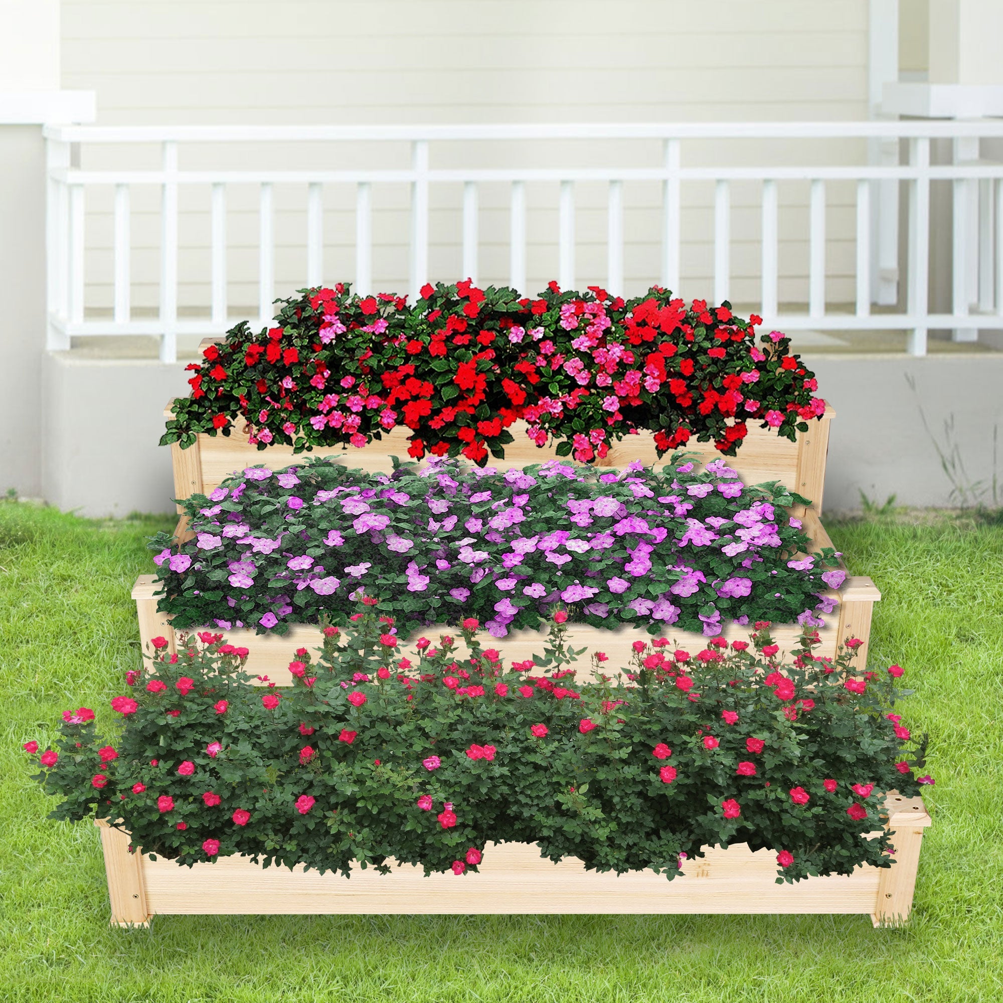 KARMAS PRODUCT 3 Tier Raised Garden Bed Kit Wooden Planter Box Heavy Duty Solid Fir Wood for Planting Flower Vegetable Fruit in Patio Backyard Balcony Outside 47”x47”x21”,Cama de jardín elevada