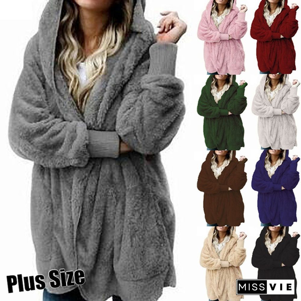 Winter Women’s Fashion Warm Outwear Solid Color Long Sleeve Sweaters Hoodies Coats Loose Plush Cardigan Coat Plus Size Coat