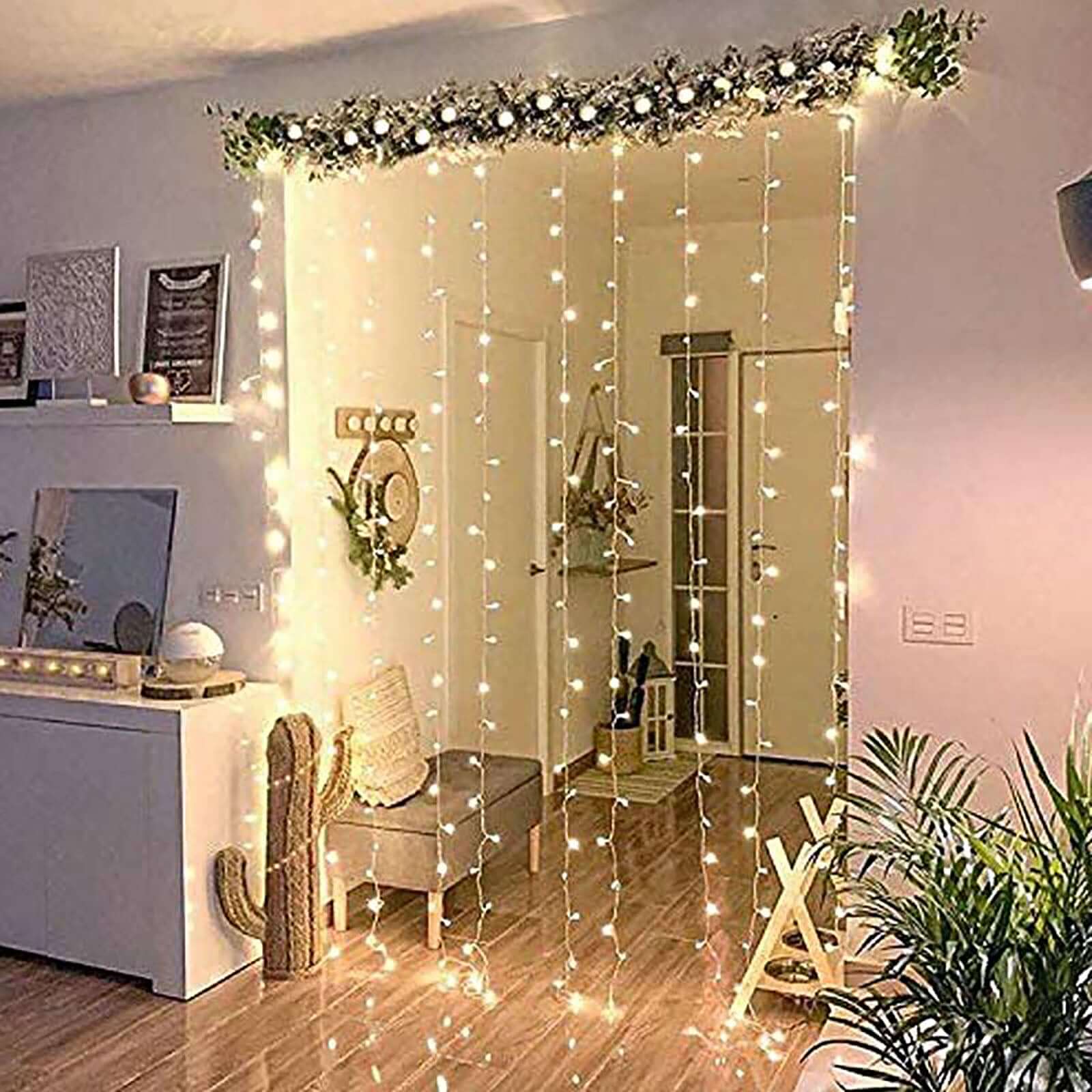 Warm White 300 LED Icicle Curtain Fairy String Lights with 8 Modes 10ft