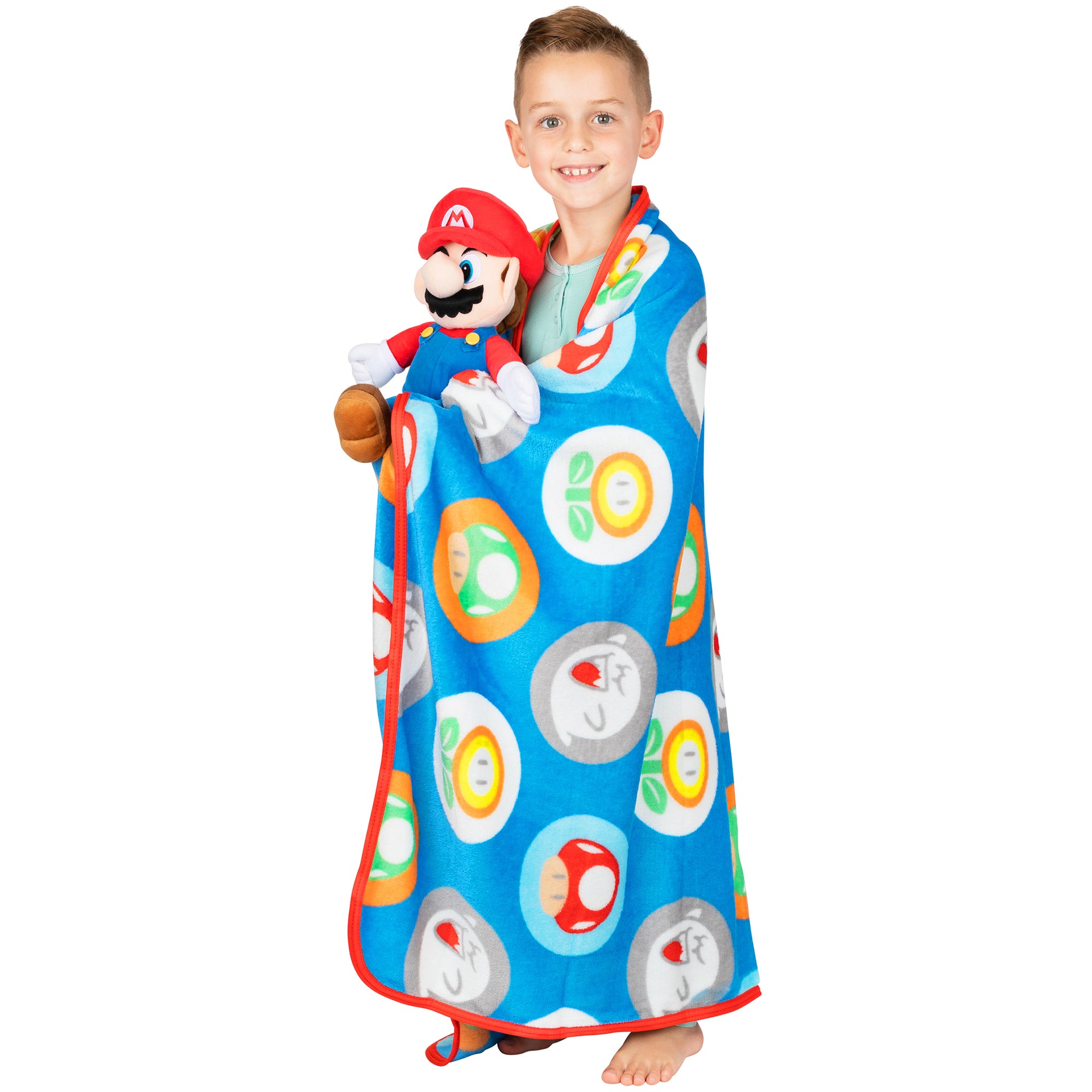 Super Mario Kids Hugger Pillow and Fleece Throw， Gaming Gift Set， 2-Piece， Blue， 