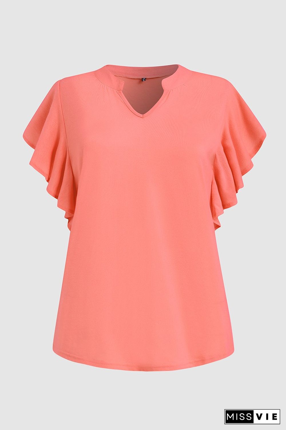 Solid Ruffle Armhole Notched Neck T-Shirt