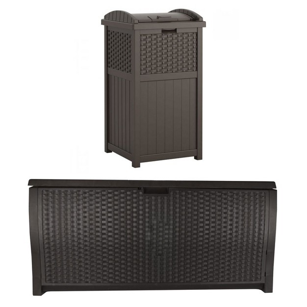 Suncast Trash Hideaway Resin Wicker Style Garbage Bin amp 99 Gallon Deck Box Java