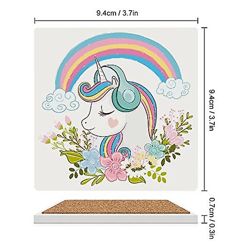 Colourlife Square Drink Coasters 6 Pcs Unicorn With Flowers Rainbow On White Absorbent Ceramic Coffee Coasters For Drinks With Cork Base Housewarming