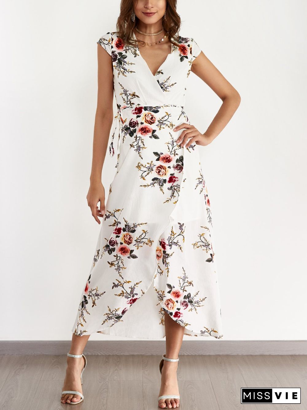 White V-Neck Random Floral Print Self-Tie Dress