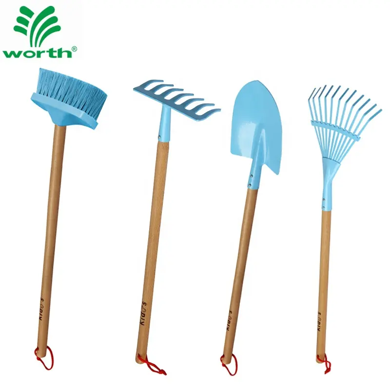 5 PCS Gardening Hand Tools kit Shovel Hoe Brush Leaf Rake Kids Wooden Handle Garden Tool Set