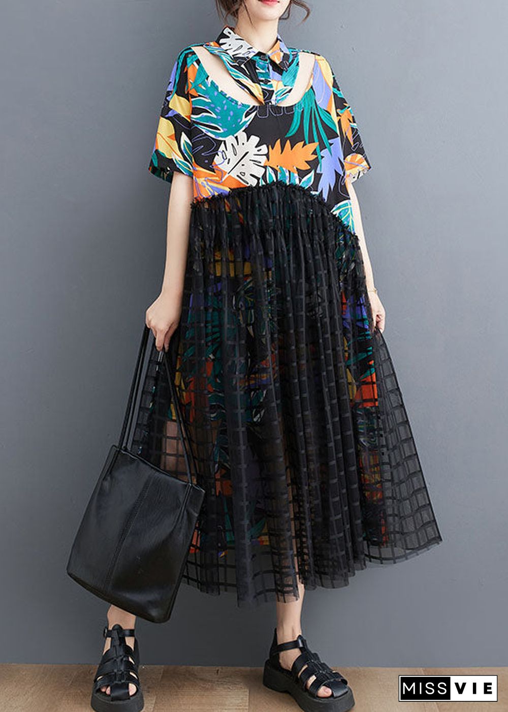 Floral Patchwork Long Tulle Shirts Dress Wrinkled Short Sleeve