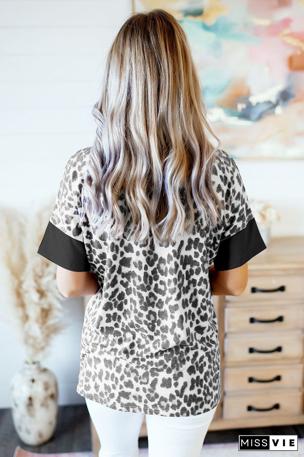 Black Fierce Leopard Print Color Blocking Tee