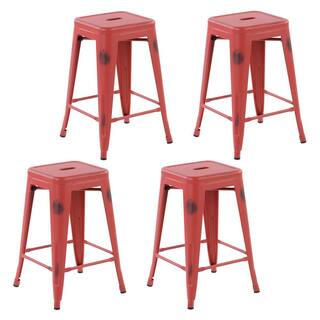 Homy Casa Zolnes 24 in. Red Backless Metal Frame Counter Stool (Set of 4) ZOLNES 24 VINTAGE RED 4PCS