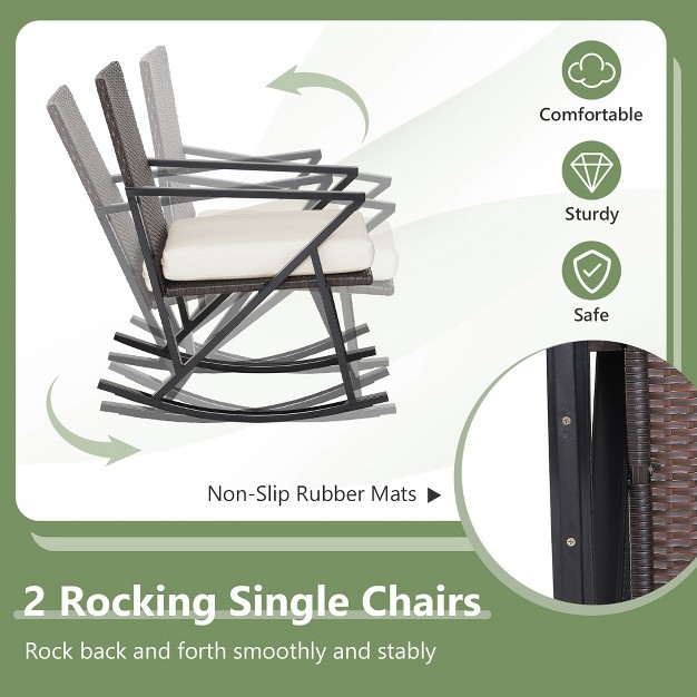 Costway 4pcs Patio Rattan Wicker Rocking Chairs Loveseat Table Rocker Set Cushions Porch