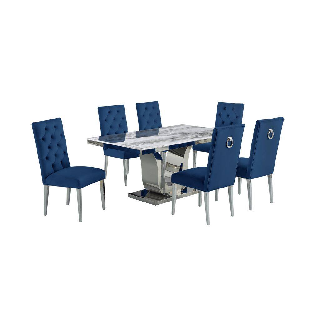 Best Quality Furniture Ada 7-Piece White Marble Top with Stainless Steel Base Table Set with 6-Navy Blue Velvet Chairs with Tufted Buttons D14-6SC69