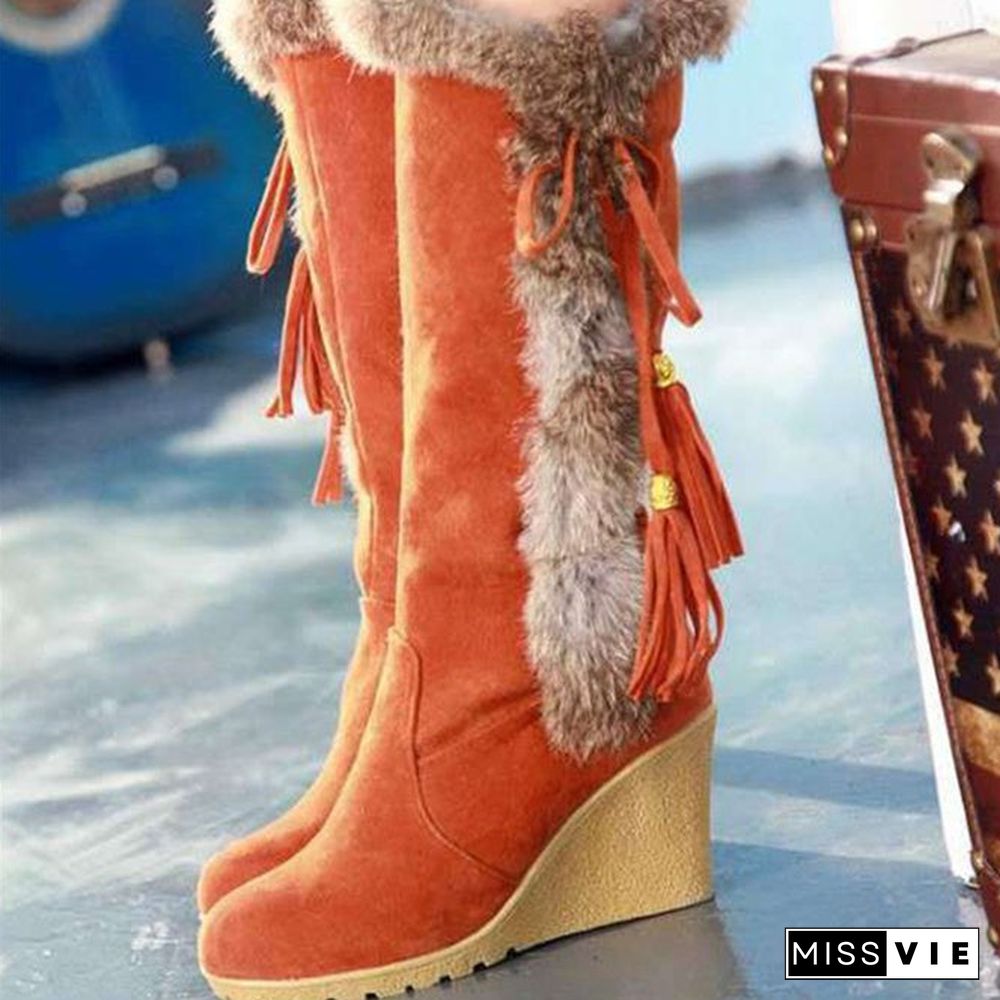 Women Plus Size Vintage Fringe Plush Warm Wedge Heel Block Heel Snow Boots