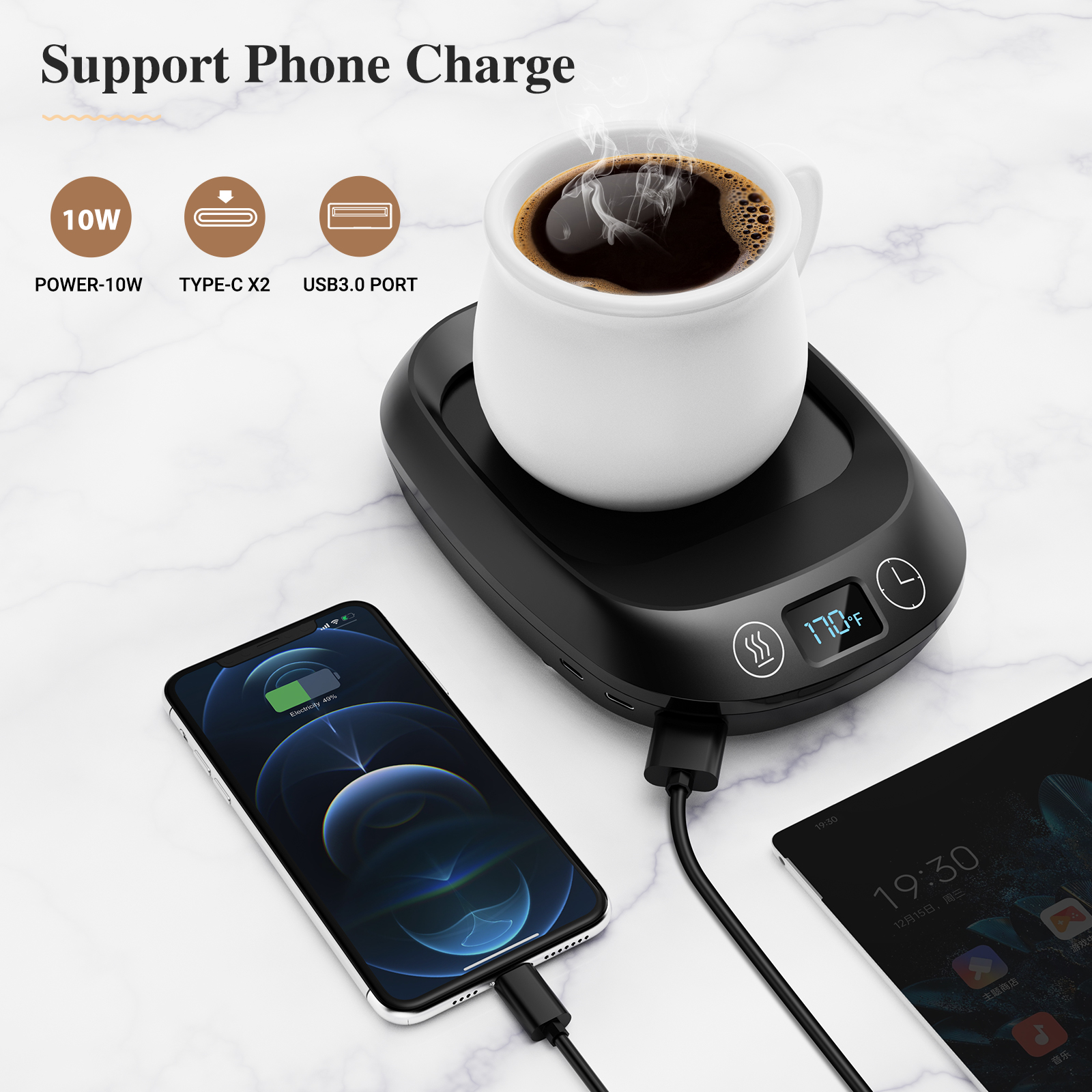 Coffee Mug Warmer，Electric Cup Warmer， Candle Warmer with 8H Auto Shut Off， 3 Temperature Setting 3 Timer with USB Charge for Home Desk Office Use