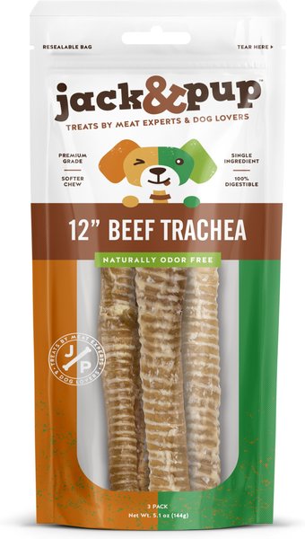 Jack and Pup Beef Trachea 12-in Dog Treats， 3 count