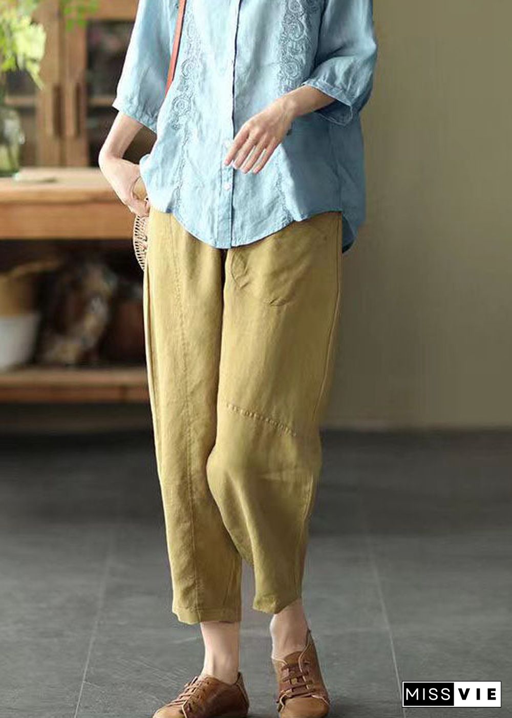 Boutique Yellow Pockets Patchwork Linen Crop Pants Summer