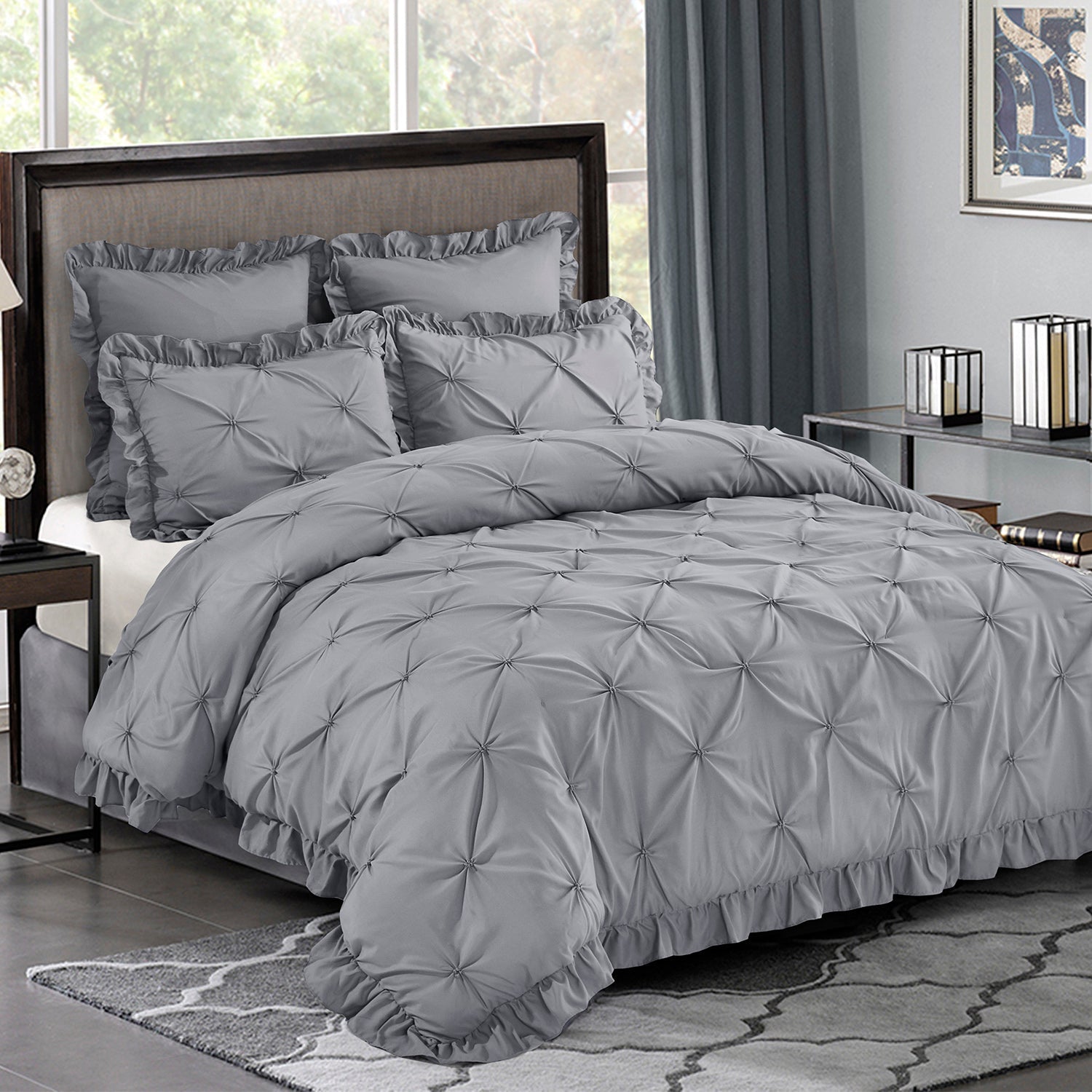 5 Piece Pinch Pleat Scallop Fringe Bedding Embroidered Comforter Set