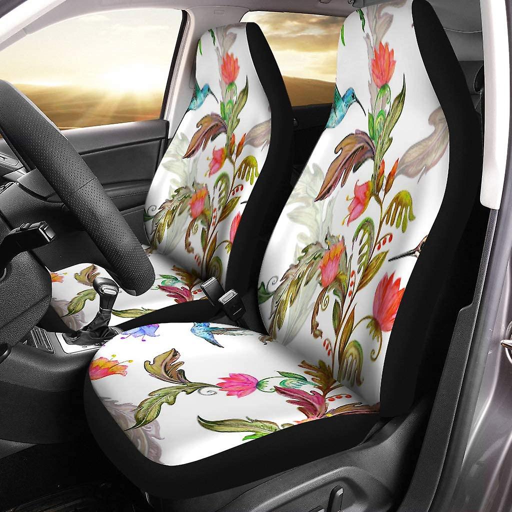 Set Of 2 Car Seat Covers Blue Flower Fancy Flora And Birds Watercolor Painting Colorful Universal Auto Front Seats Protector Fits