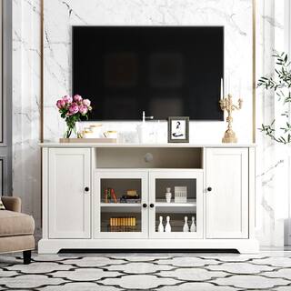 Polibi 59.80 in. W White TV Stand Fits TV up to 65 in. with 2 Tempered Glass Doors Adjustable Panels Open Style Cabinet RS-TSFSFG-W