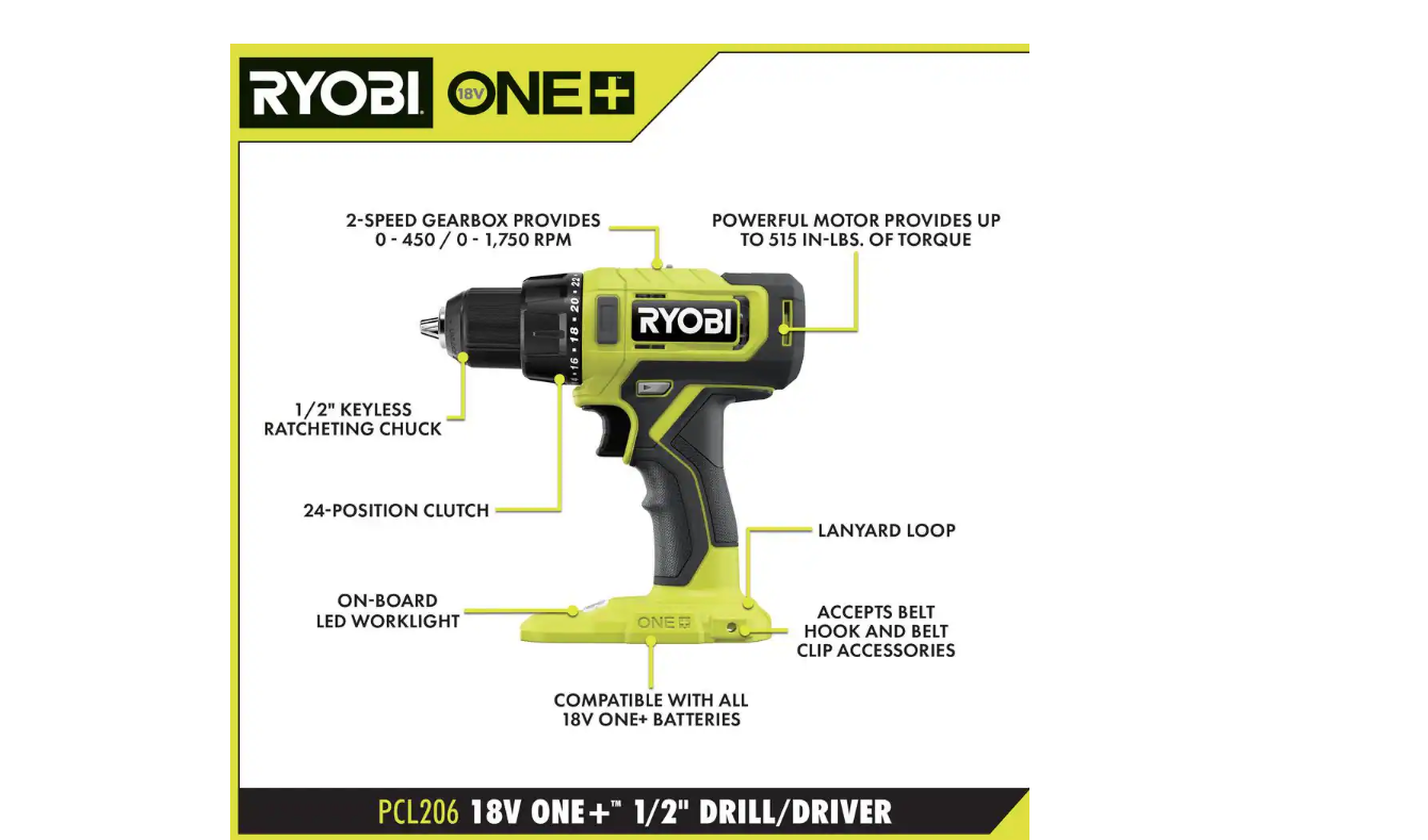 RYOBI PCL1600K2 ONE+ 18V Cordless 6-Tool Combo Kit with 1.5 Ah Battery， 4.0 Ah Battery， and Charger