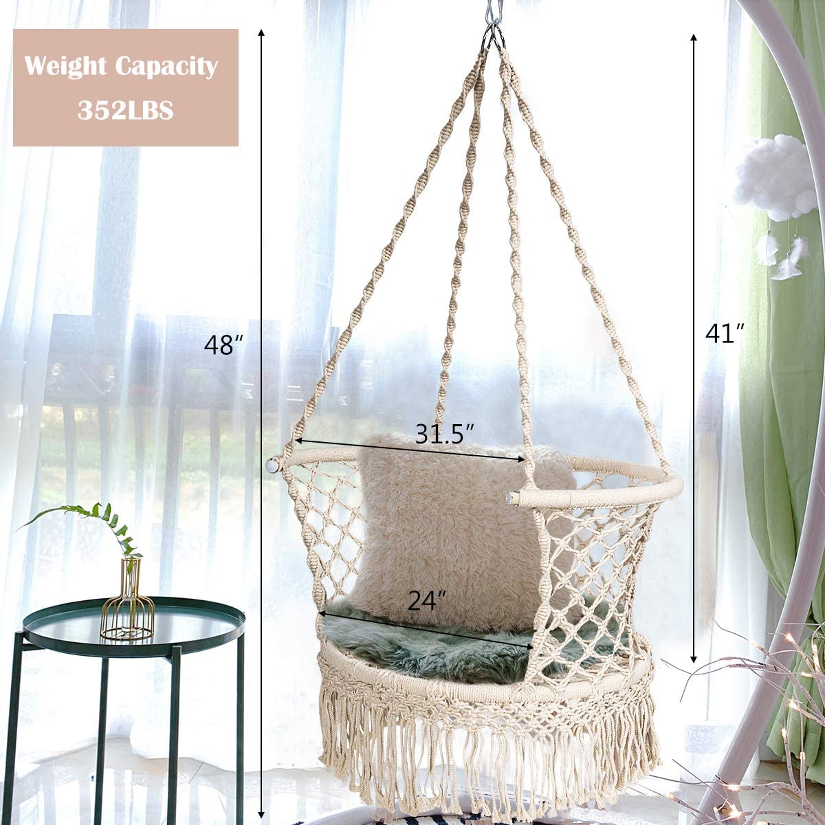 Hanging Hammock Chair, Macrame Hanging Chair 330 Pounds Capacity