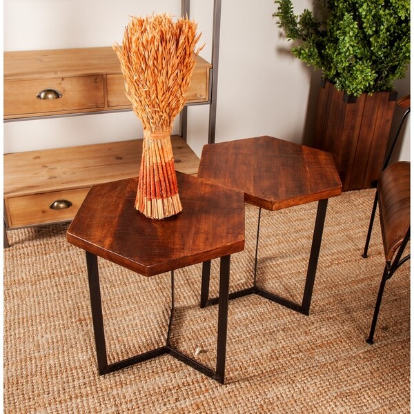 Brown Wood Industrial Accent Table (Set of 3)