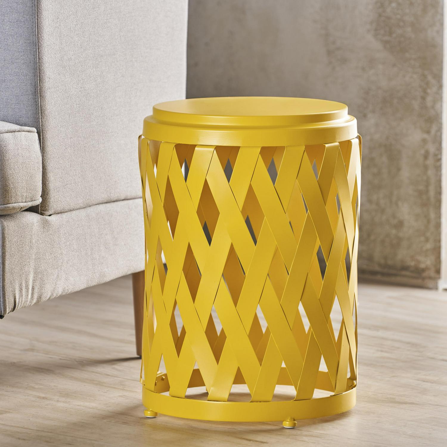 Noble House Pinto Indoor 12 Inch Diameter Lattice Matte Iron Side Table，Yellow