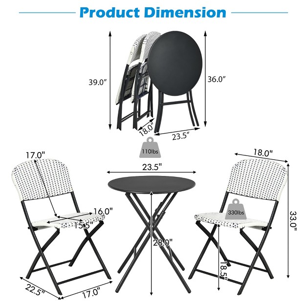 Costway 3pcs Patio Rattan Bistro Set Folding Table Chairs Garden Deck