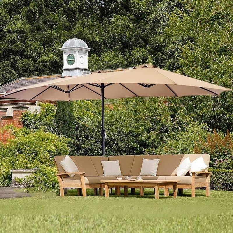 15 FT Ultra-large Double Sided Steel Outdoor Market Patio Umbrella with Base, UV Sun Protection & Easy Crank