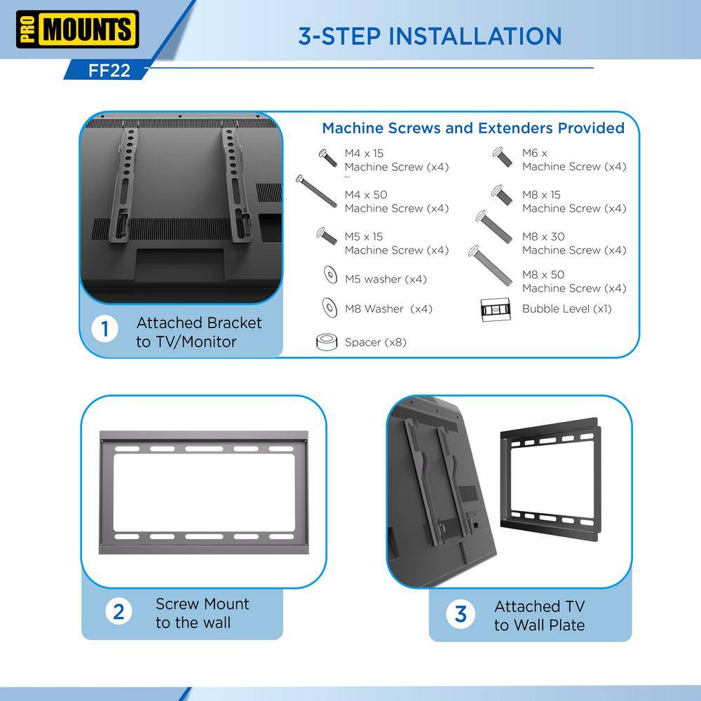 ProMounts Universal Fixed Small Durable Ultra Slim Flat Tilt TV Wall Mount for 13-47 in. VESA 50x50 200x200 Locking brackets FF22