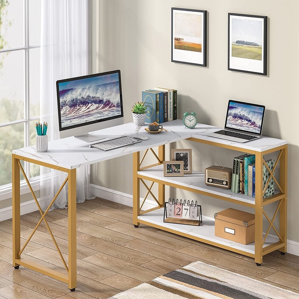 Industrial L Shaped Desk with Storage Shelves  Corner Computer Desk PC Laptop Study Table Workstation