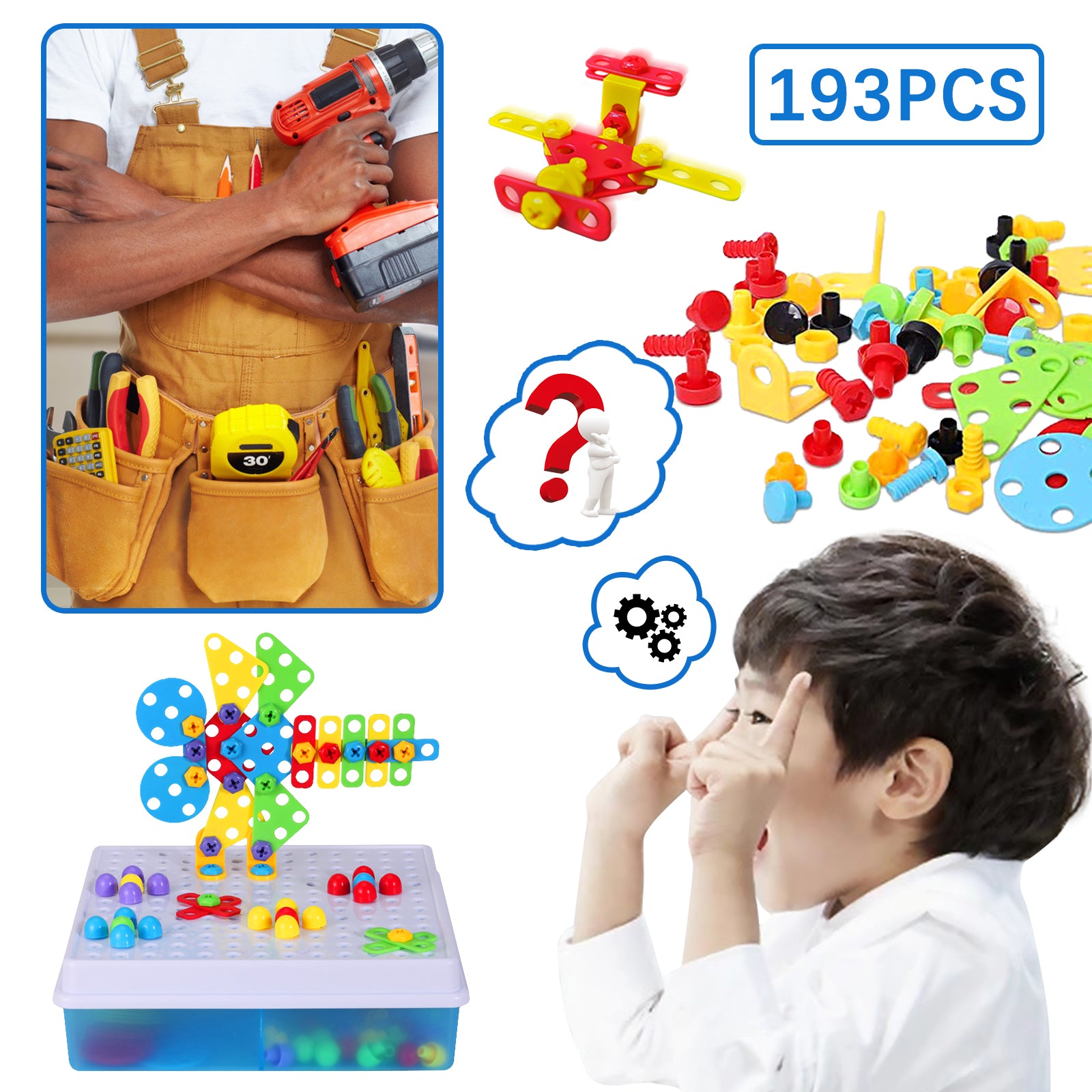 Creative Mosaic Drill Puzzle Set with Screwdriver Construction Tools for Kids， Play Construction Toys