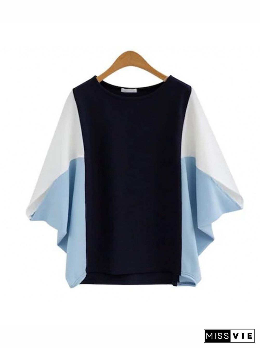 Batwing Sleeves Loose Contrast Color Split-Joint Round-Neck T-Shirts Tops