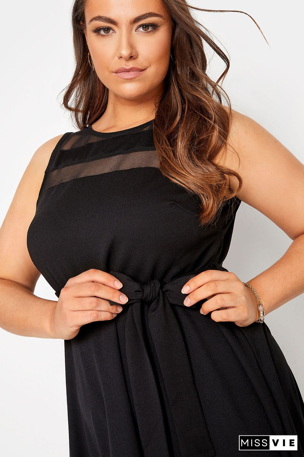 Black Plus Size Mesh Panel Skater Dress