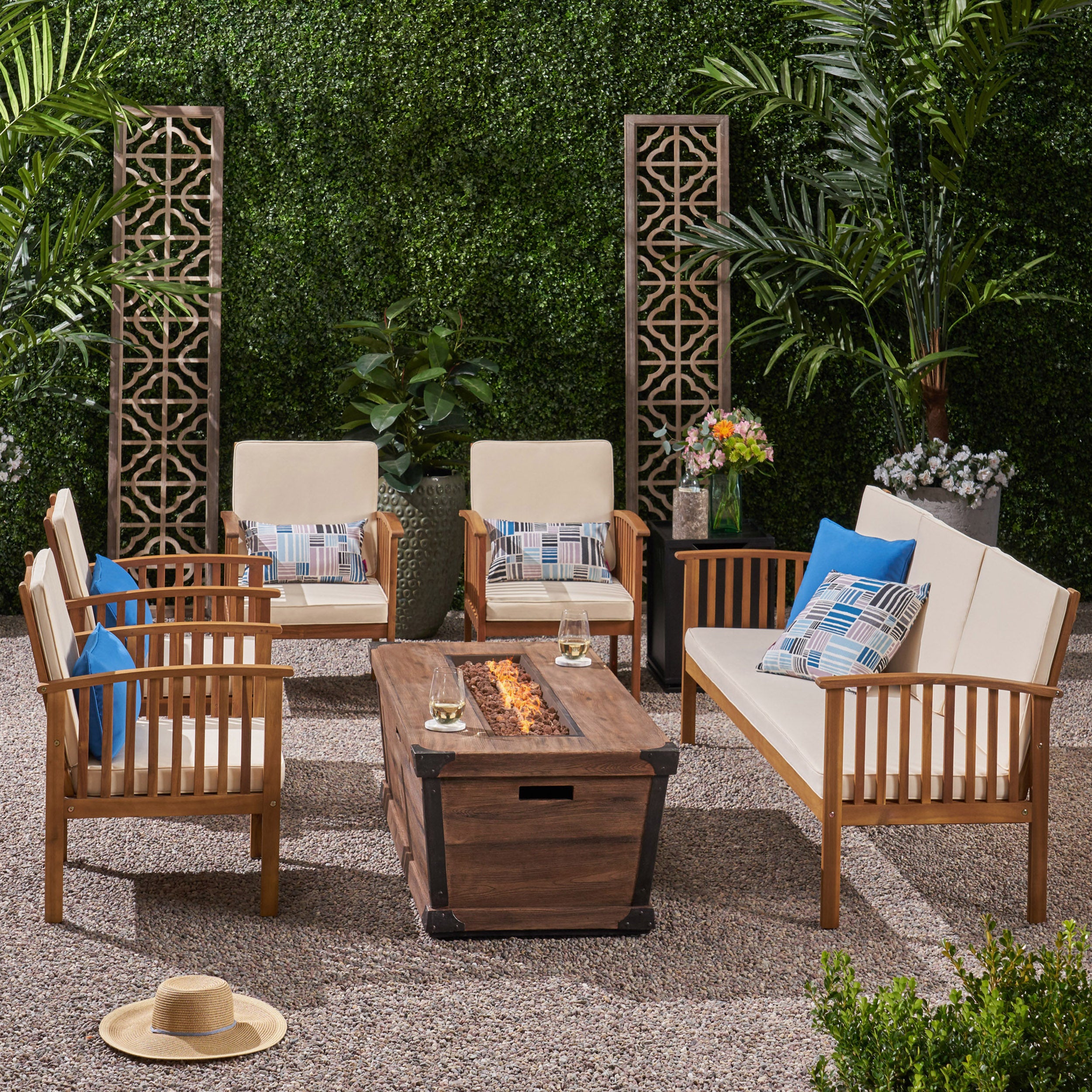 Beckley Outdoor 5 Piece Acacia Wood Conversational Set with Cushions and Fire Pit