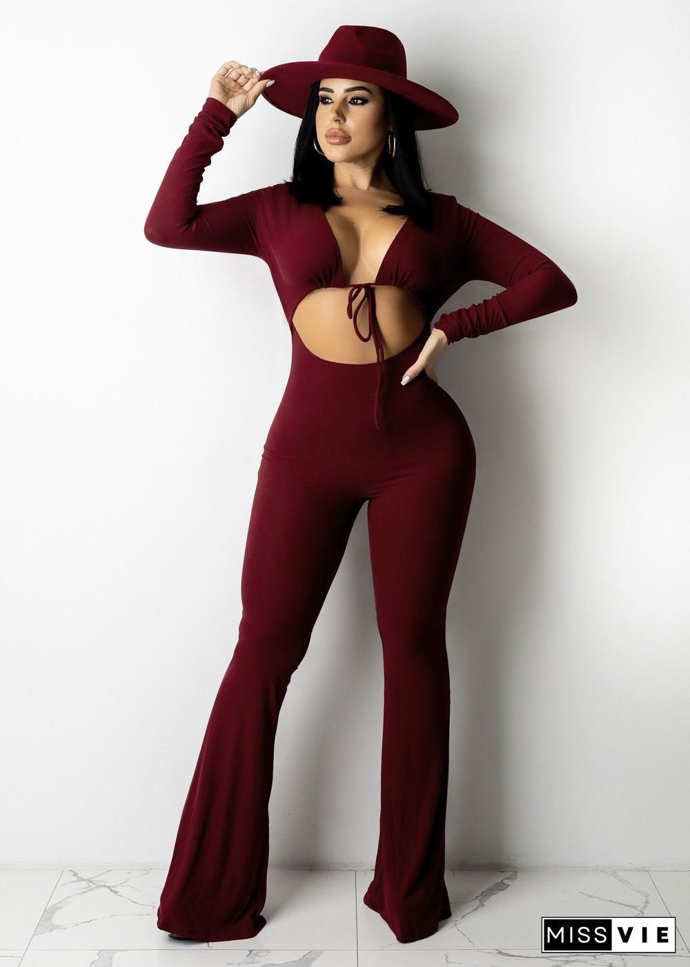 Ribbed Cut Out Lace Up Skinny One Piece Jumpsuit