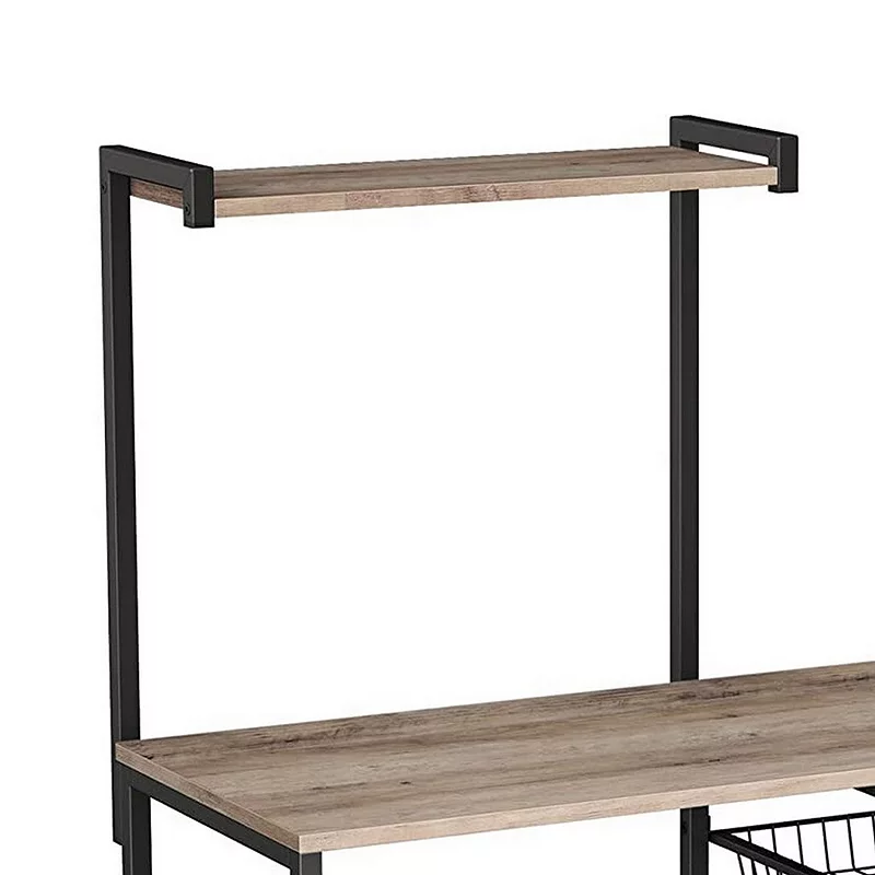 52 Inch Wood Bakers Rack， Kitchen Shelf， 6 Hooks， Workstation， Brown， Black