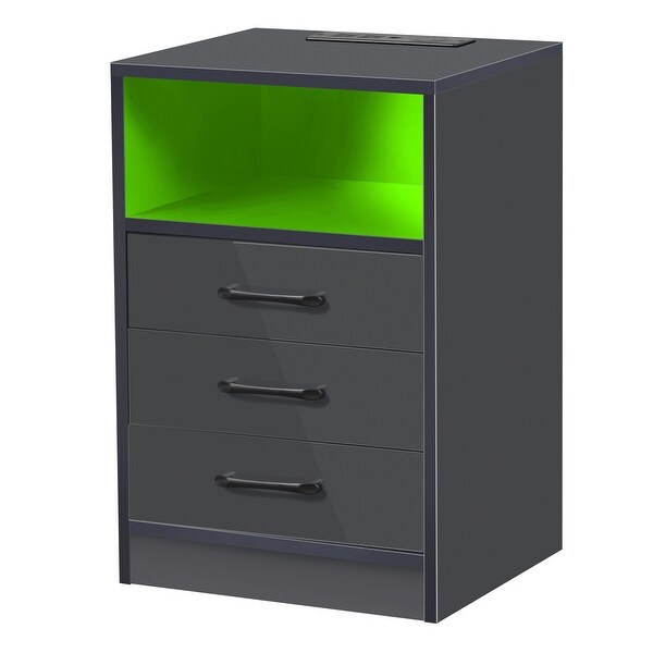 LED Nightstand with 3 Drawers，USB Charging Ports， Wireless Charging - - 36358536