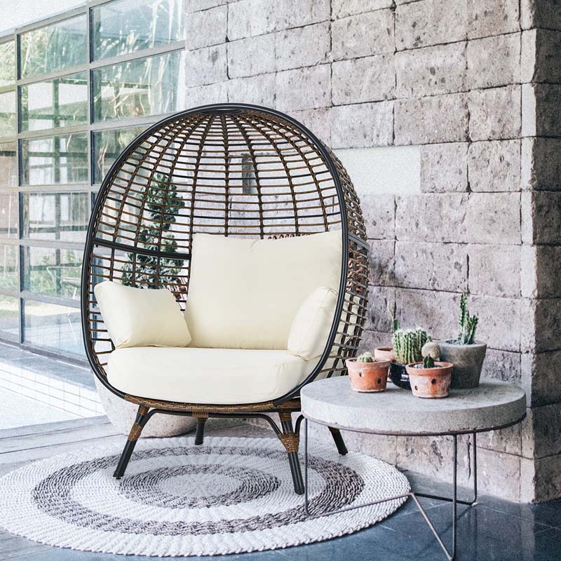 Oversized Wicker Egg Chair with 4 Cushions, Steel Frame Basket Chair Indoor Outdoor Patio Lounge Chair