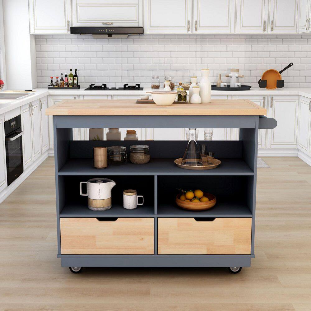 Runesay Gray Blue Rolling Mobile Kitchen Island Cart Solid Wood Top with 2-Drawer Tableware Cabinet and Spice Wine Towel Rack EC-KIGB-952