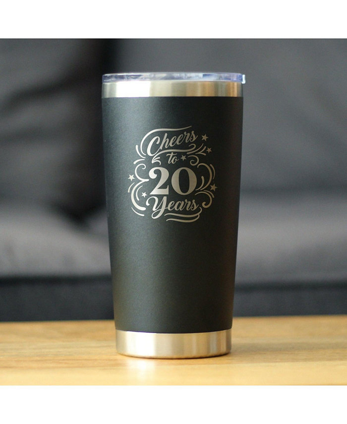 Bevvee Cheers to 20 Years - Insulated Coffee Tumbler Cup with Sliding Lid - Stainless Steel Insulated Mug - 20th Anniversary Gifts and Party Decor