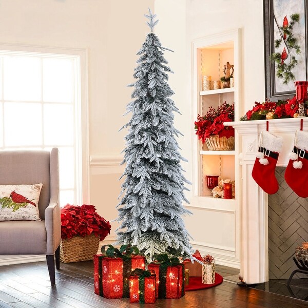 6.8Ft Pencil Slim Artificial SnowFlocked Christmas Tree