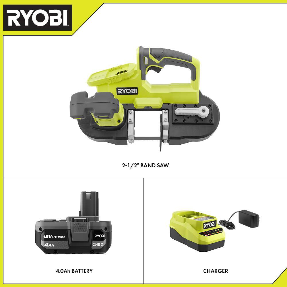 RYOBI ONE+ 18V Cordless 2-12 in. Compact Band Saw Kit with (1) 4.0 Ah Lithium-ion Battery and 18V Charger P590K1