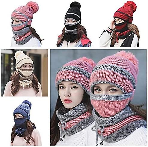 3pcs/set Fashion Women Winter Knitted Hat Thickened Woolen Cap With Warm Mask And Neck Scarf Wine Red -